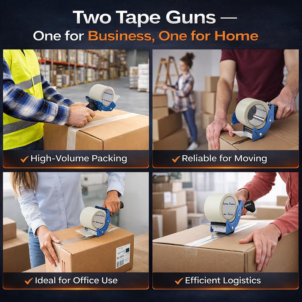 Professional 3-Inch Tape Gun Dispenser, 2-Pack Heavy-Duty Packing Tape Dispenser for Shipping Boxes, Quick Reload, Works with Standard & Thick Tape, Ergonomic Handle for Warehouse, Moving & Office