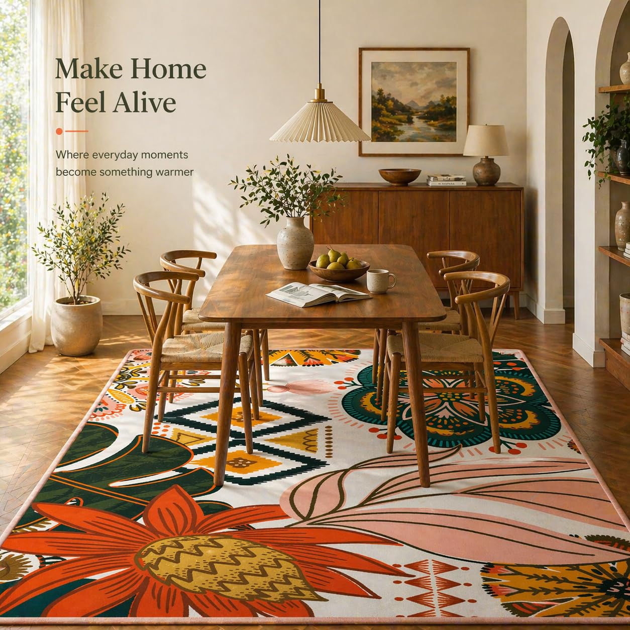 Tyrot Boho Floral Living Room Rug, 5x7 Rug Washable Botanical Area Rugs Flat Woven Ultra-Thin Non Slip Low Pile Carpet for Bedroom, Dining Room, Office, Kids Room, Blush Pink
