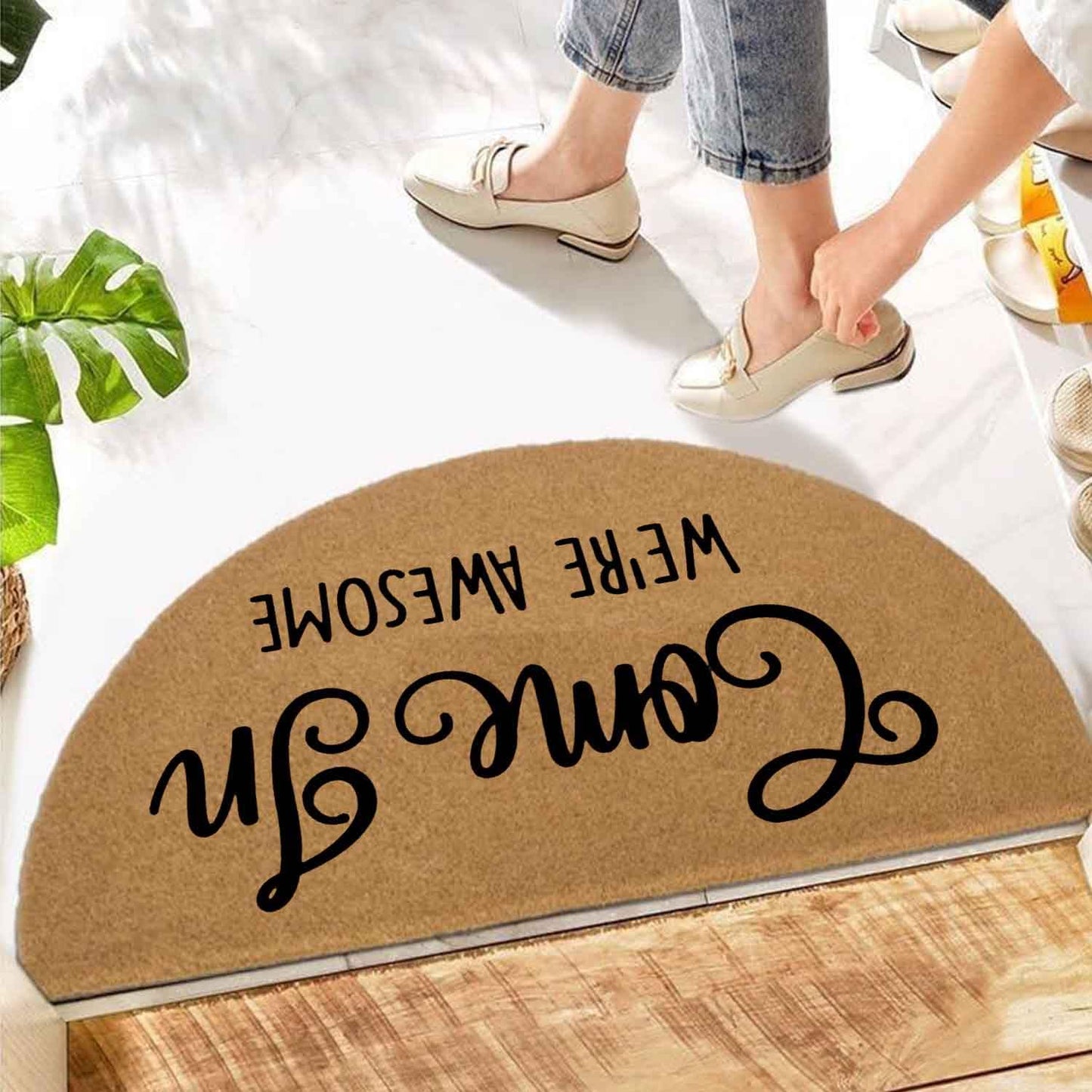 WINZNOF Positive Family Welcome Mat, Come in, We're Awesome 29.5" x 17" Half Round Faux Coir Doormat, Durable Non-Slip Rubber Backing, 0.4" Thick Outdoor Entry Rug, Cheerful Housewarming Gift