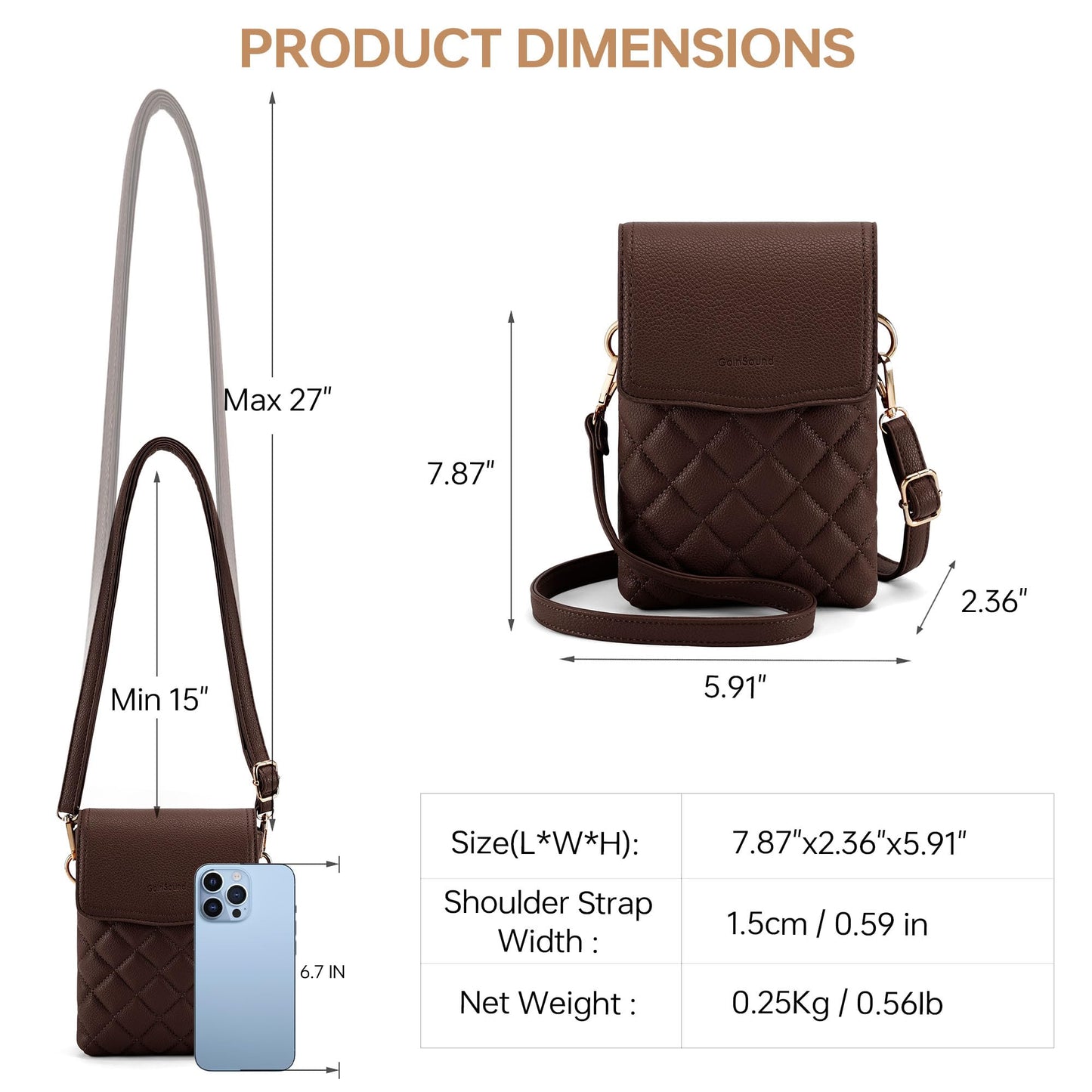 Goinsound Crossbody Phone Purse Quilted Cell Phone Crossbody Bag with RFID Blocking Card Slots Dark Brown