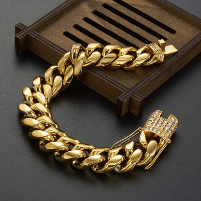 Jxlepe Mens Miami Cuban Link Chain 18K Gold 15mm Stainless Steel Curb Bracelet with cz Diamond Chain Choker (8.5, Bracelet)