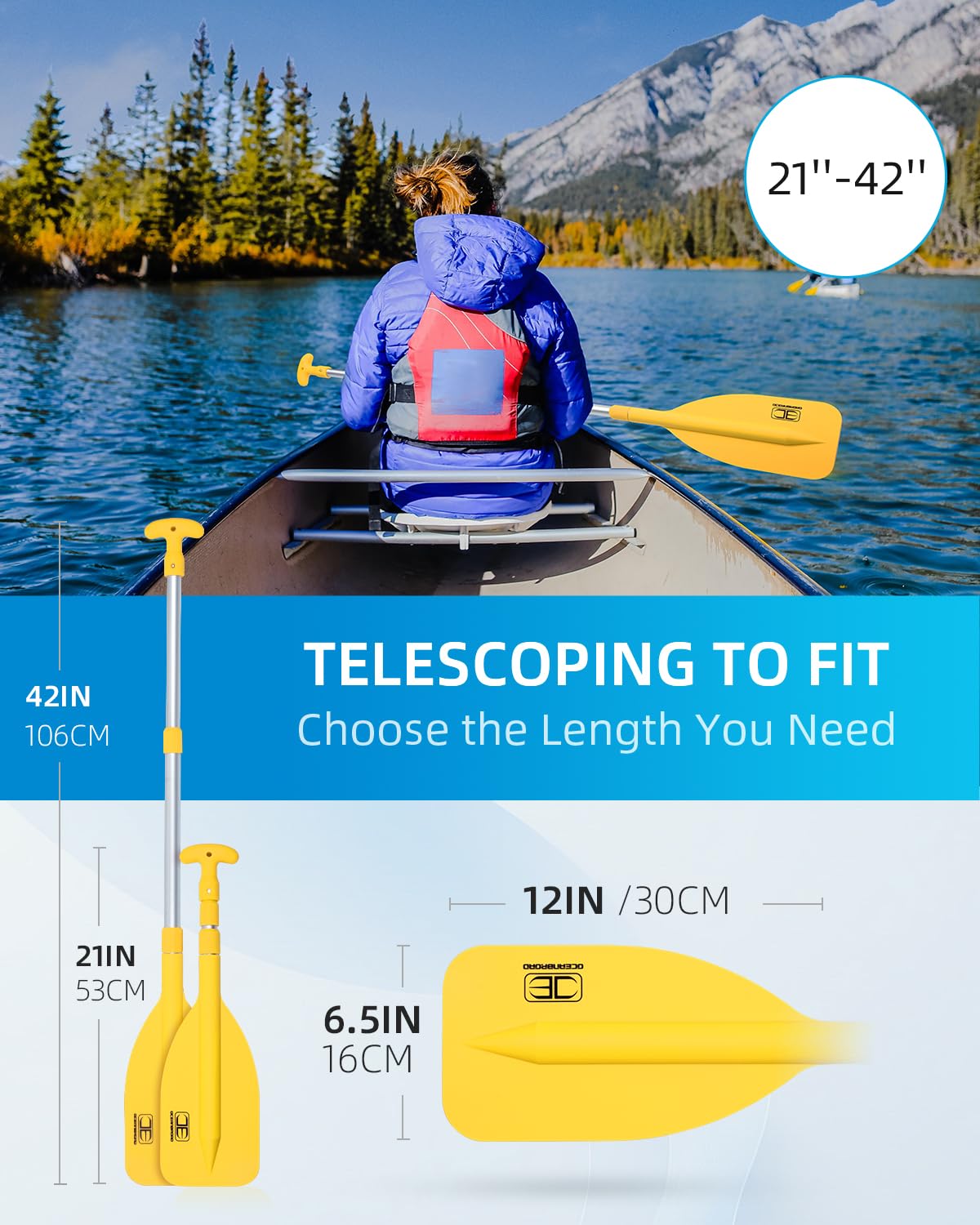 OCEANBROAD Telescoping Emergency Paddle 26''-54'' Collapsible Paddles Aluminium Shaft for Kayaking Boating Canoeing River Tubing, Yellow, 2 Paddles