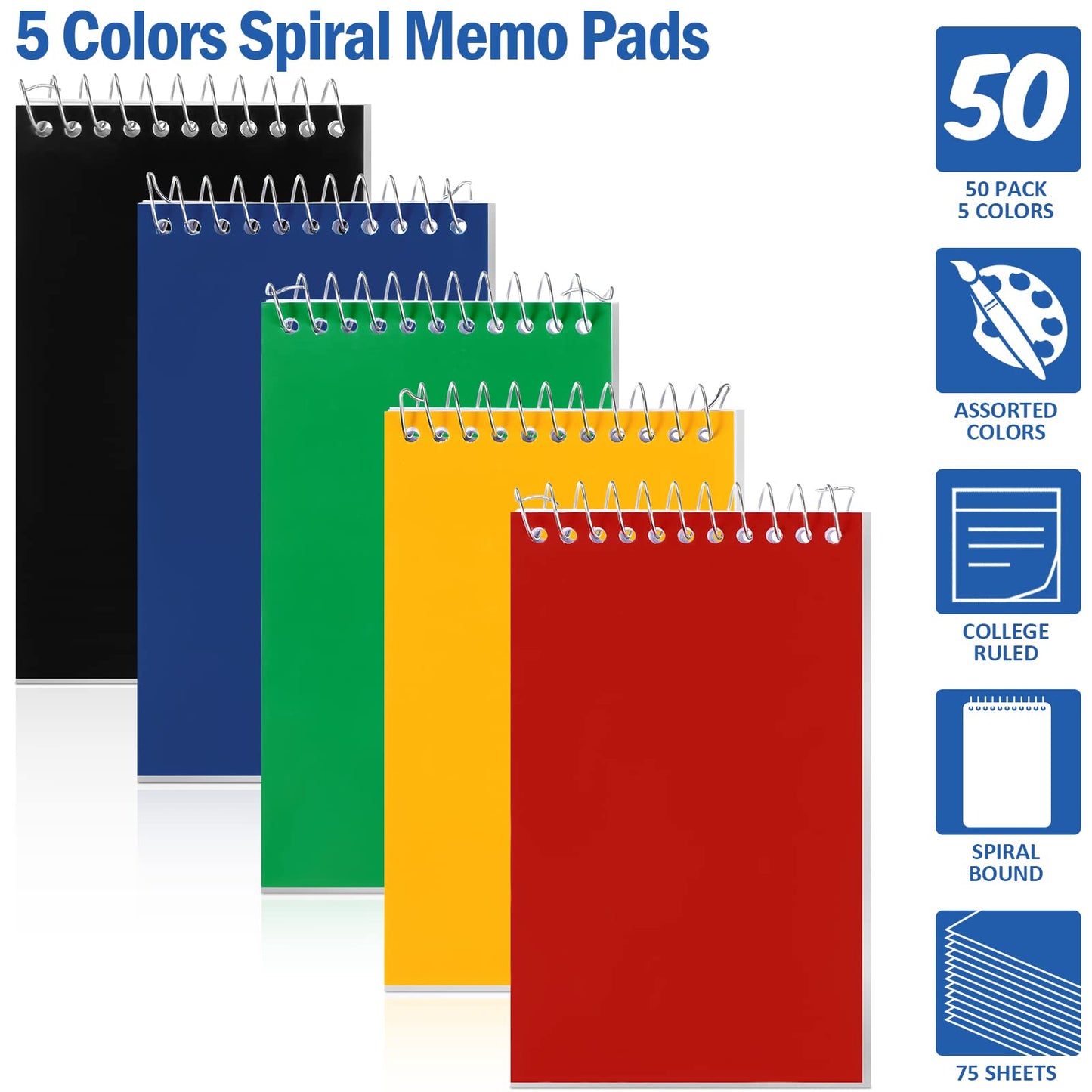 Teling 50 Pieces Spiral Memo Pads Bulk 3 x 5 Inch Small Note Pads Top Bound Lined College Ruled Paper Mini Notepad Pocket Spiral Notebooks for School Office Home Supplies, 75 Sheets (Bright Colors)