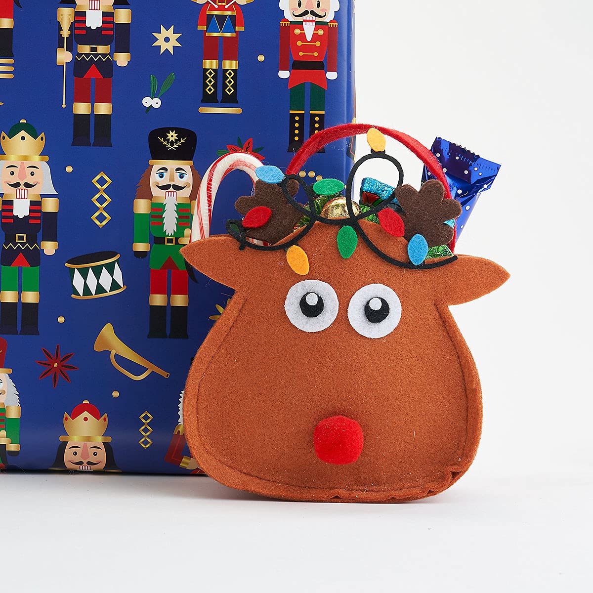 Reindeer Felt Christmas Treat Bags, Set of 6 Small Gift Bags, 5.25 inch by 6.75 inch, for Children Holiday Parties Teachers Decorations