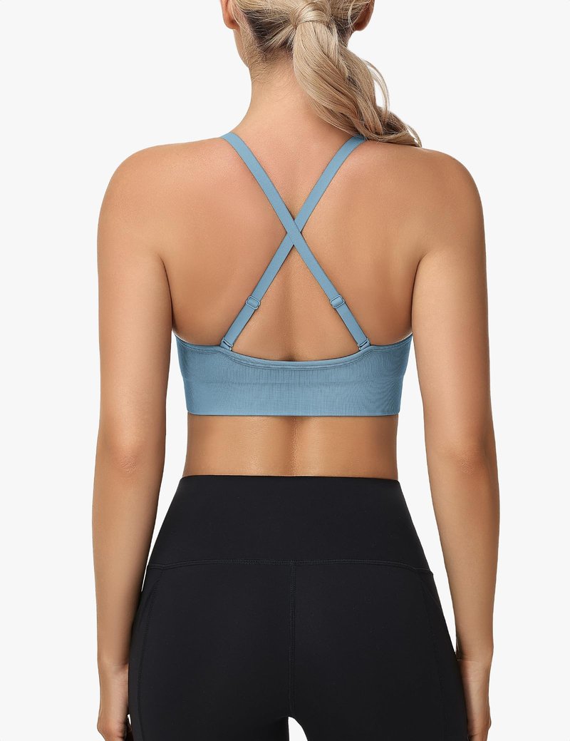 WANAYOU Sports Bras for Women, V Neck Adjustable Spaghetti Strap Criss Cross Sports Bra Padded Low Impact Wireless Seamless Sexy Bralettes for Athletic 3 Pack Black White Blue Medium