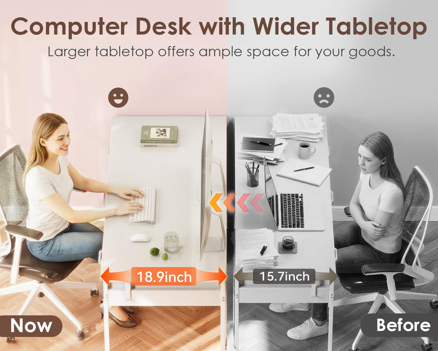 Casaottima 40 Inch Small Computer Desk with 6 Drawers, Reversible Storage Desk for Home Office, Work Study Table for Bedroom, White