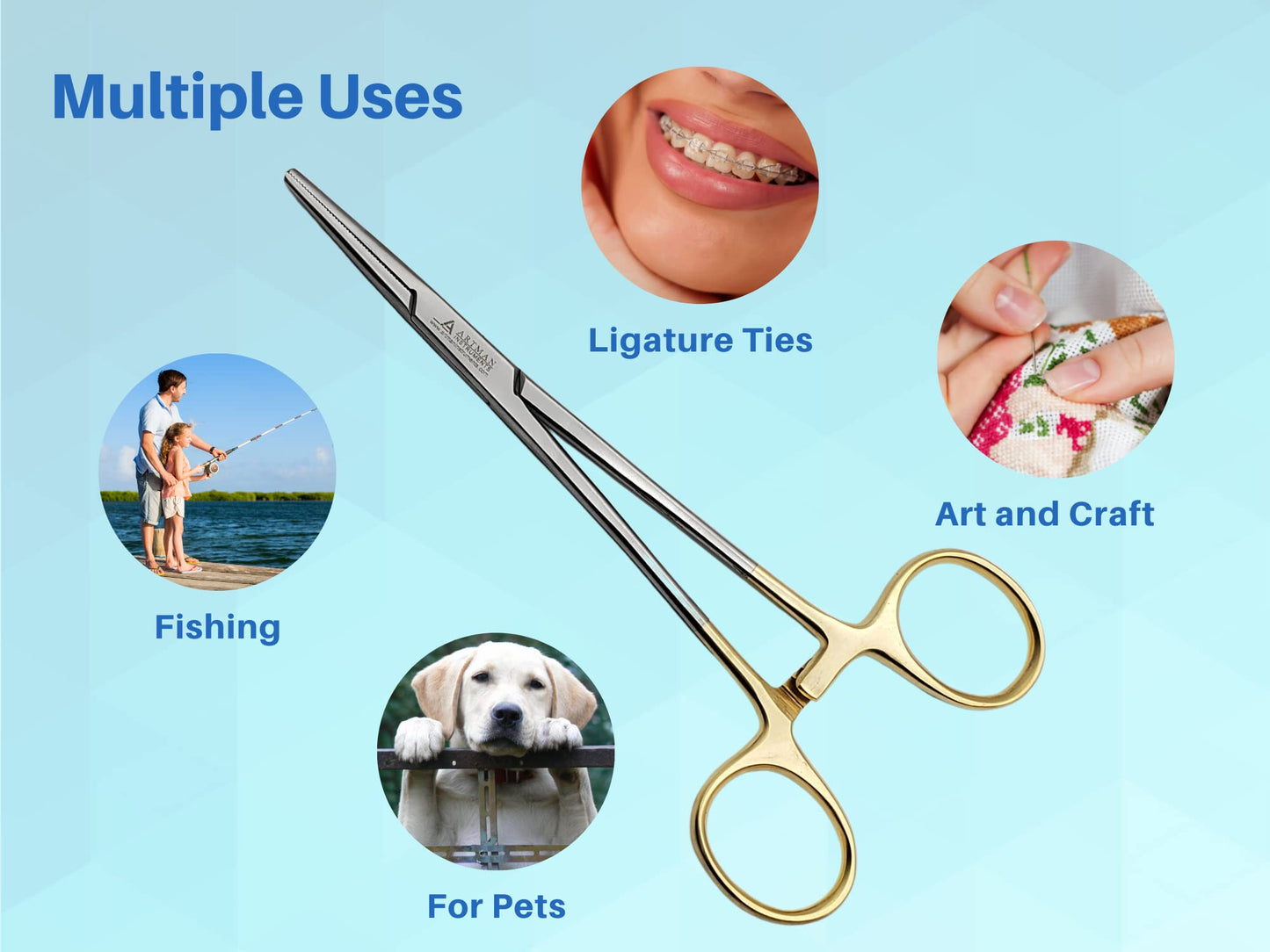 ARTMAN INSTRUMENTS Artery Forceps 6" Straight Hemostat Mosquitoes, Gold Plated Handle, Locking Tweezer Clamps, for Nurses, Fishing Forceps, Fly Tying, Crafts Kelly Forceps Clamps