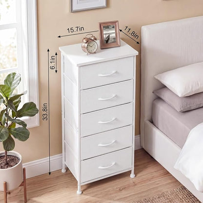 Fixwal White Tall Skinny Dresser for Bedroom, Narrow Storage Dresser Organizer with 5 Fabric Drawers, Nightstand Furniture in Closet, Entryway, Hallway