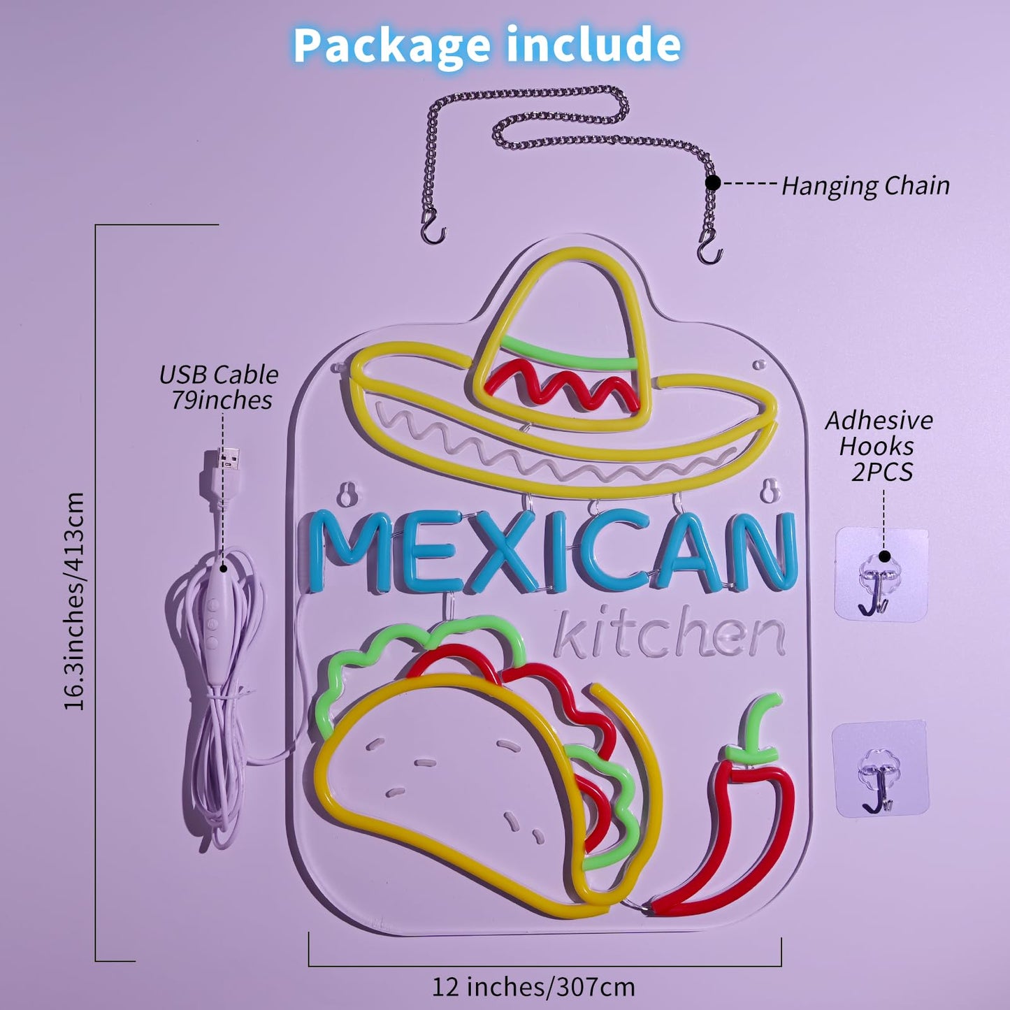 Mexican Taco Neon Sign - LED Restaurant Decor for Mexican Kitchen, Taco Party Decorations, 16.5x12" USB Wall Light - Mexican Food Gifts for Restaurants & Homes