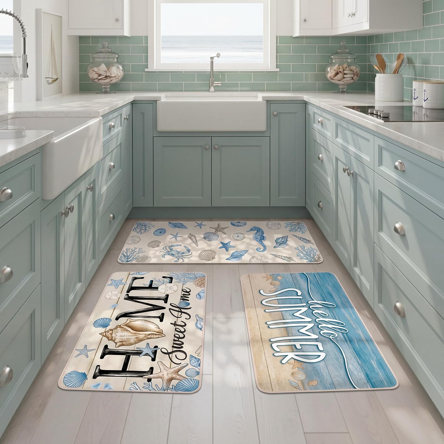 Dunzy 3 Set Coastal Kitchen Rugs Beach Rug Blue Crab Starfish Shell Sea Nautical Absorbent Mats for Sea Kitchen Bathroom Seasonal Home Decor 3 Sizes