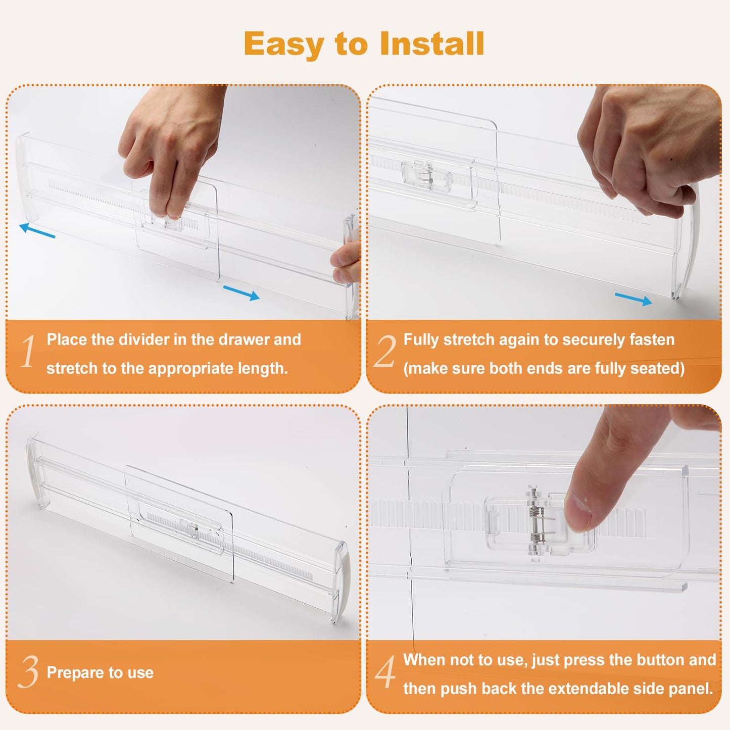 4 Pack Drawer Dividers for Clothes, 4" High 10.6"-16.9" Drawer Divider Adjustable Expandable Dresser Drawer Organizer, Clear Dresser Separators for Clothes, Underwear, Baby Clothes,Cosmetic,Toiletries