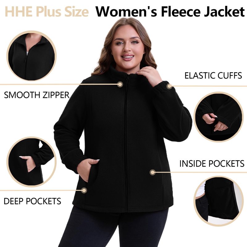 HHE Women Plus Size Fleece Jacket Zip Up Lightweight Soft Polar Fleece Jacket (Black, 2X)