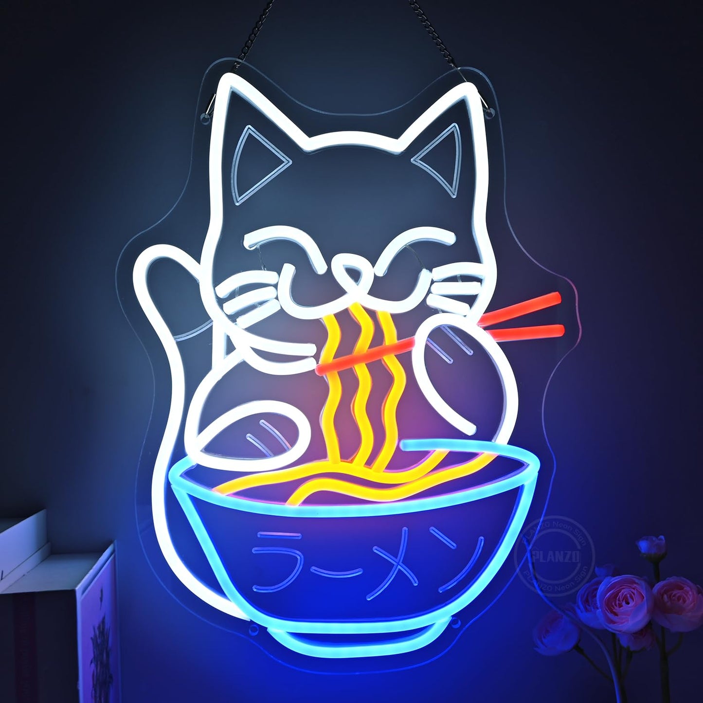 Planzo Cat Ramen Neon Sign Light Japanese Noodle Resturant Home Bar Pub Kitchen Dinning Room Cafe Shop Cut Cat USB Warm White 15.75"X11.8"