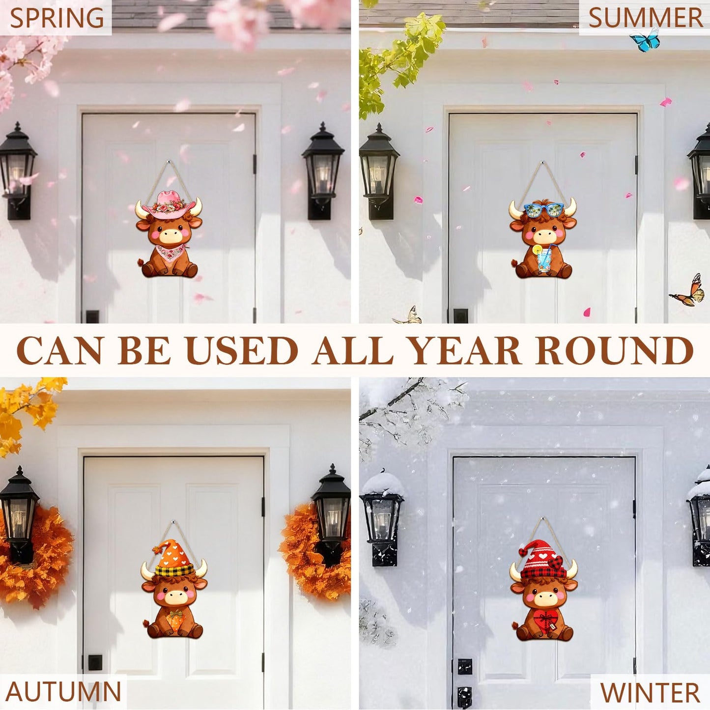 Interchangeable Wooden Highland Cow Decorations, Christmas Hanging Wall Door Decor, Holiday Seasonal Decor and Detachable Hats Welcome Sign, Farmhouse Hanging Sign for Front Door, 32 PCS