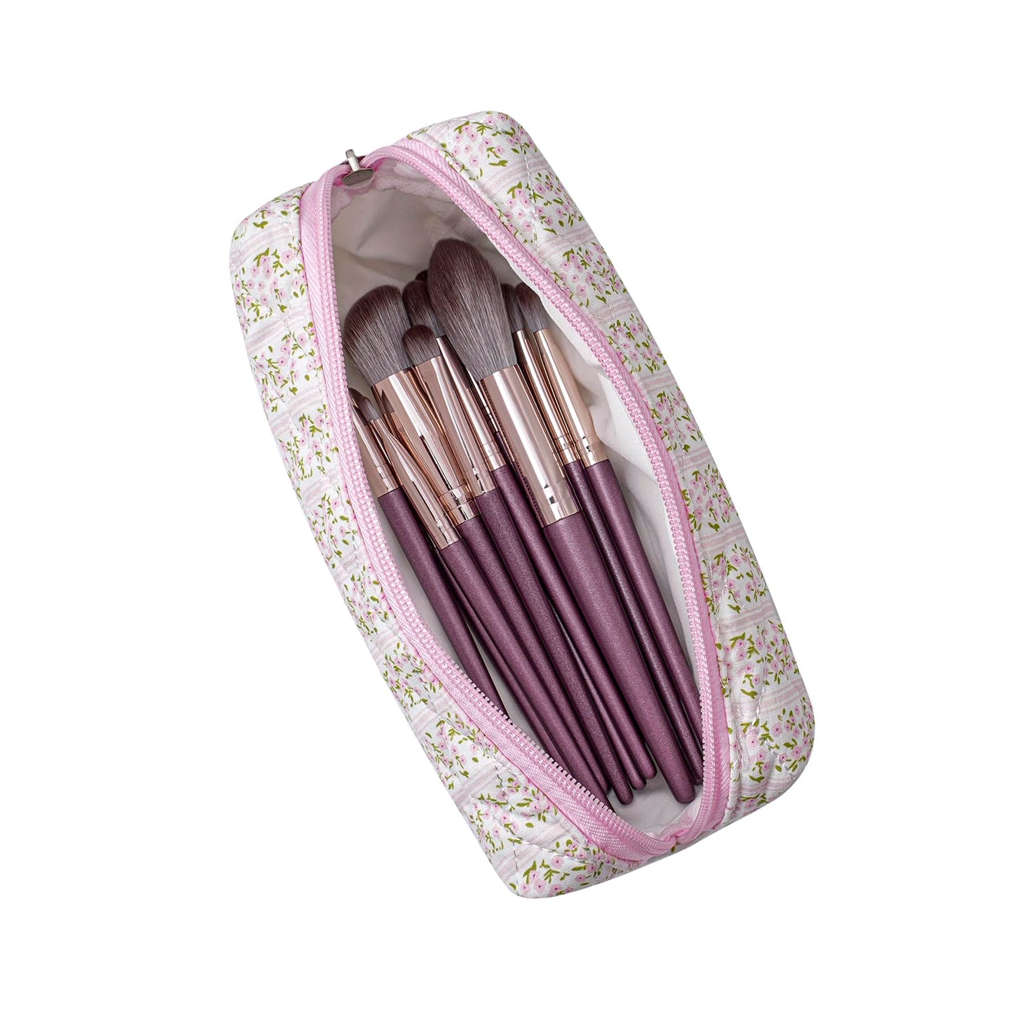 HHQQWZ Cute Floral Cotton Makeup Brush Cosmetic Bag for Women, Travel Quilted Zipper Make Up Bag, Flowers Toiletry Organizer Case Kawaii Makeup Cosmetic Travel Cloth Pouch (Pink Floral)
