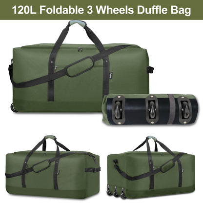 Finnhomy 120L Foldable Rolling Duffel Bag with 3 Wheels, Light Weight Travel Duffel bag with Large Loading Capacity, 32 inch Rolling Duffel bag with Shoulder Strap for Travel Camping Sports, Green