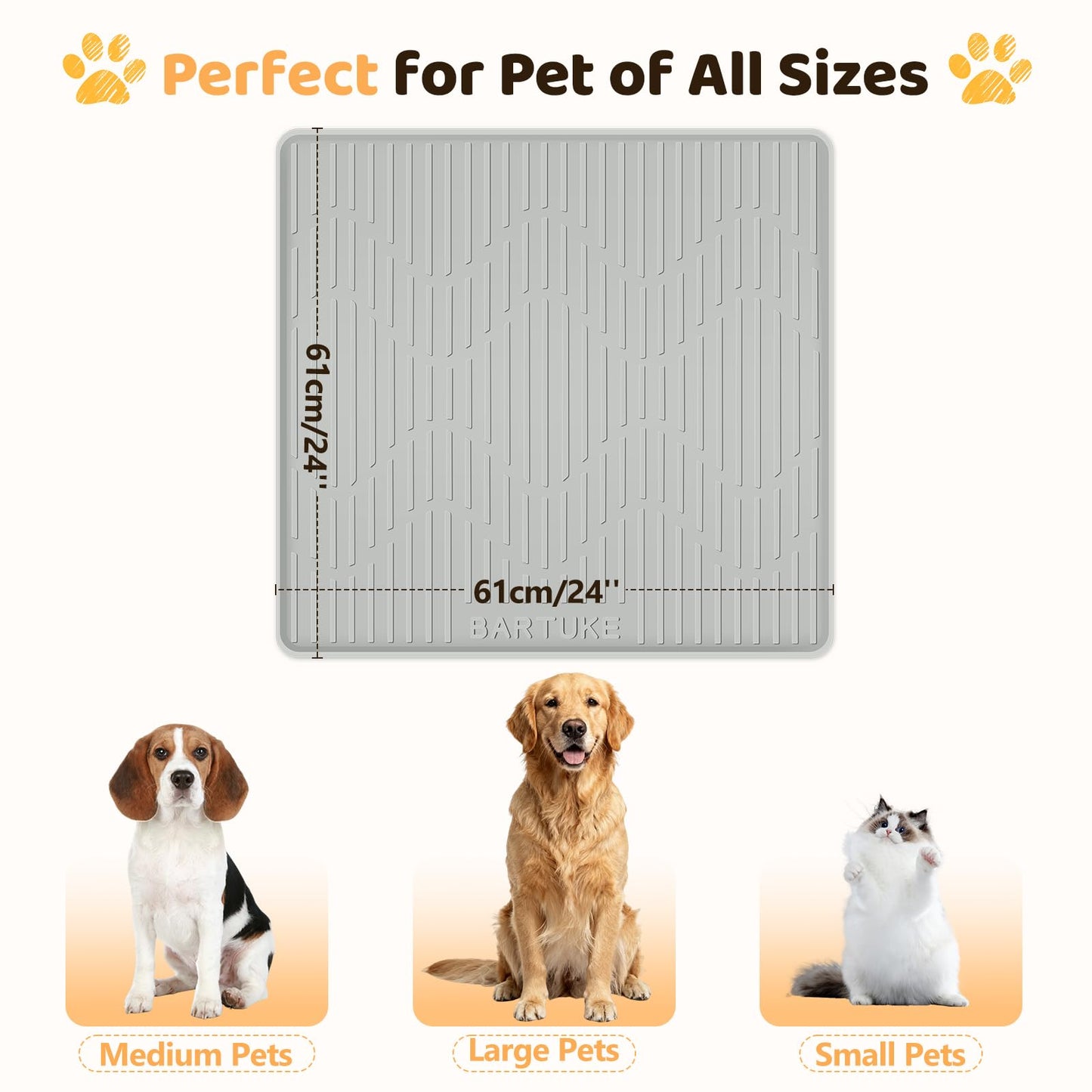 Bartuke Silicone Cat & Dog Food Mat, 24" x 24" Large Pet Feeding Mat for Cats and Dogs Bowl, Pet Placemat for Food and Water with Raised Edge, Waterproof, Leakproof (Grey)