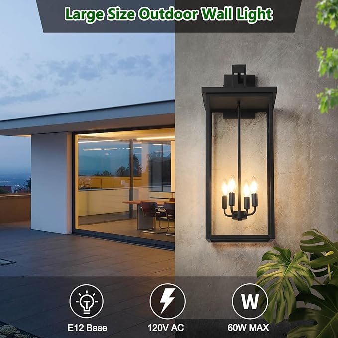 tewei 26IN Large Size Outdoor Wall Lantern Exterior Waterproof Wall Sconce, Matte Black Outdoor Lights for House Modern Porch Light with Clear Glass Shade, E12 Base Wall Light for Garage(1 Pack)