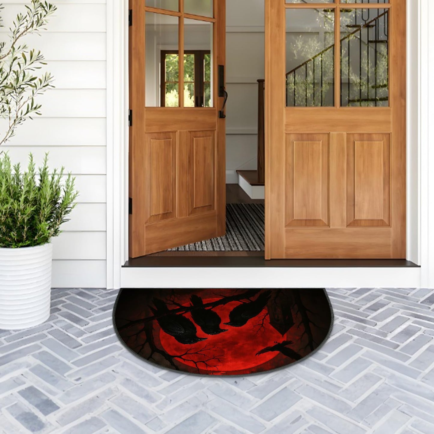ANNA QUEEN Halloween Semicircular Entrance Door Mat 24" x 36", Gothic Raven Moon Indoor Outdoor Doormat, Non Slip Half Round Welcome Rug Low Profile for Front Door Entryway Porch Patio