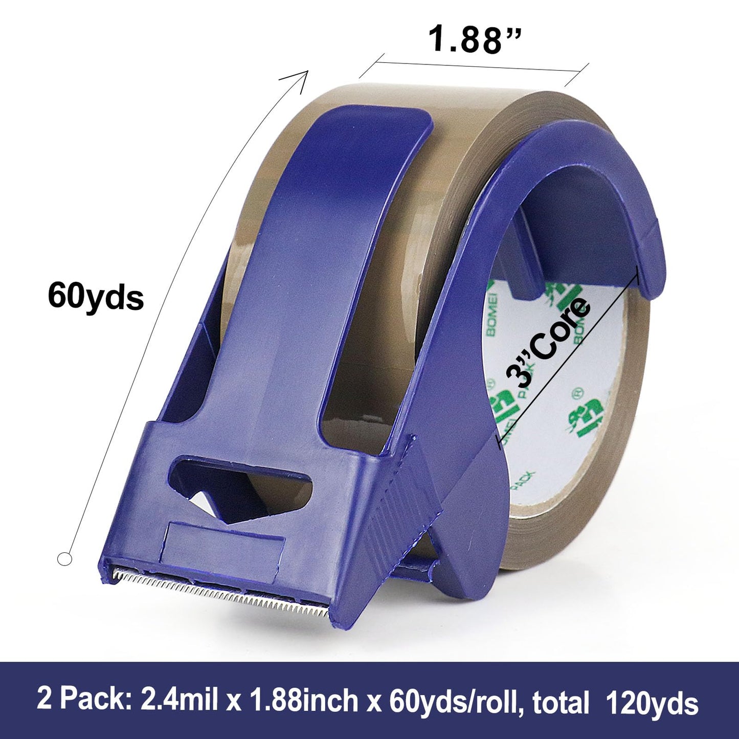 BOMEI PACK 2 Rolls Brown Noiseless Heavy Duty Packing Tape with Blue Dispenser, Packaging Tape 1.88 Inches x 60Yards, Industrial Grade Shipping Tape for Moving Packaging Shipping, Office & Storage