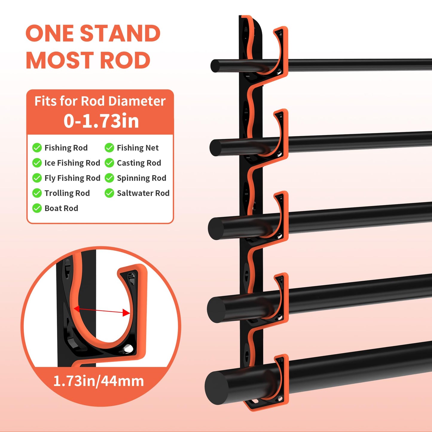 Gocozer Fishing Rod Holder for Garage, H5 Wall or Ceiling Mounted Fishing Pole Holders with Soft Protective Pad, Fishing Rod Storage Organizer, Horizontal Fishing Rod Wall Mount Nets Storage (8 PACK)