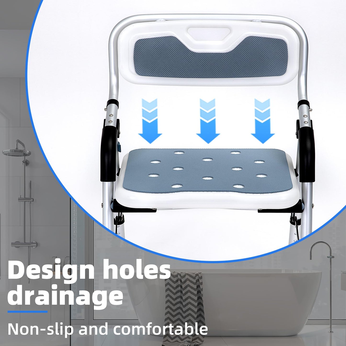 Fasjloctavty Shower Chair for Inside Shower,Foldable Shower Chair for Elderly and Disabled, Adjustable Height Chairs with Padded Arms and Back for Bathroom,Compact and Comfortable，Regular Standard