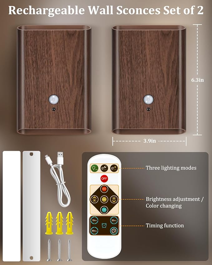 Motion Sensor Wall Lights Wood - Decor Light Battery Operated LED Light Indoor Set of 2 Rechargeable Light Easy Installation, Gifts for Tenant New Home Apartment RV(Wood 2pcs)
