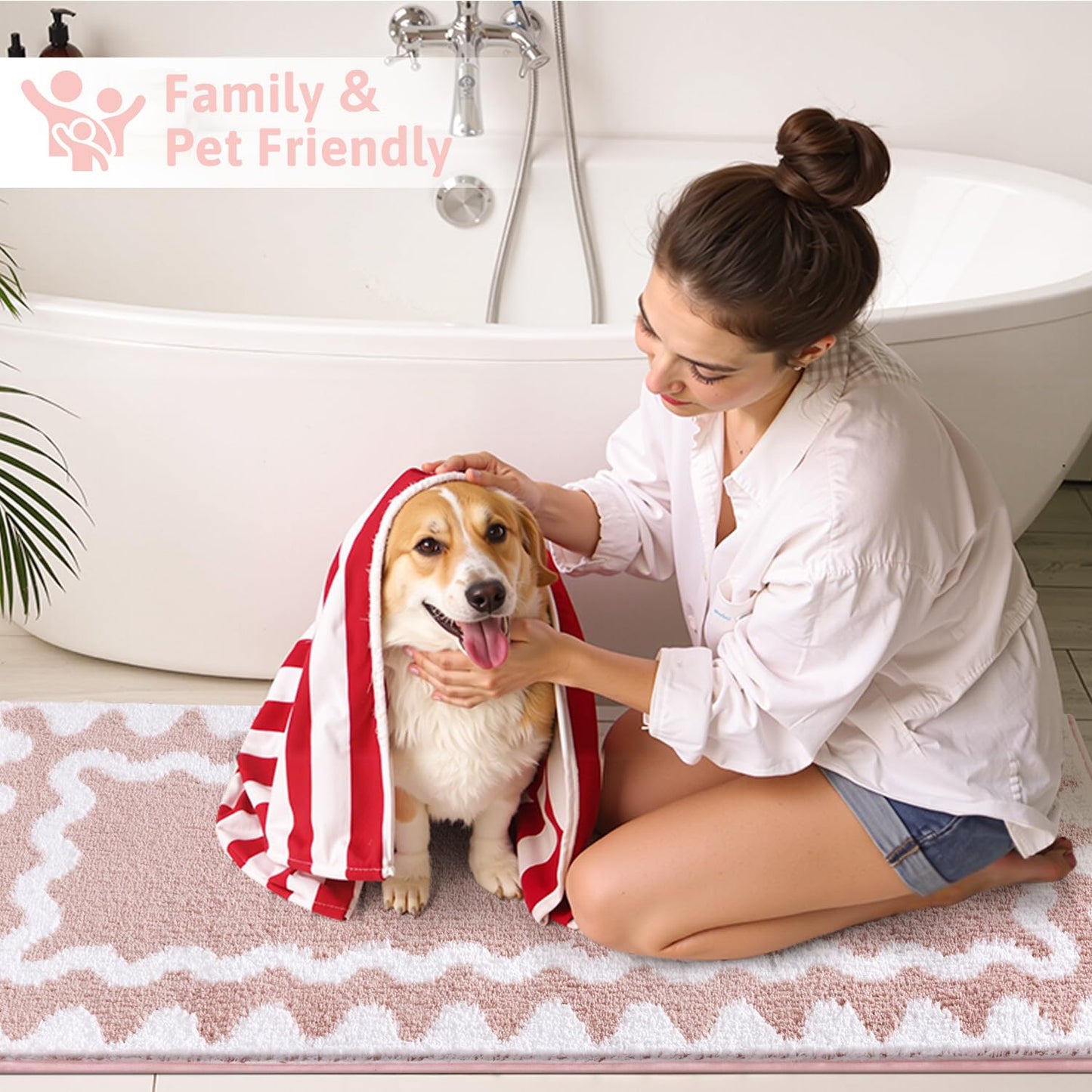 Findosom Scalloped Bathroom Rugs Sets 3 Piece, Absorbent Soft Non-Slip Washable Microfiber Shaggy Bath Mat Set with Bathroom Runner Rug, U-Shaped Toilet Rugs, Shower Rug, Pink-White