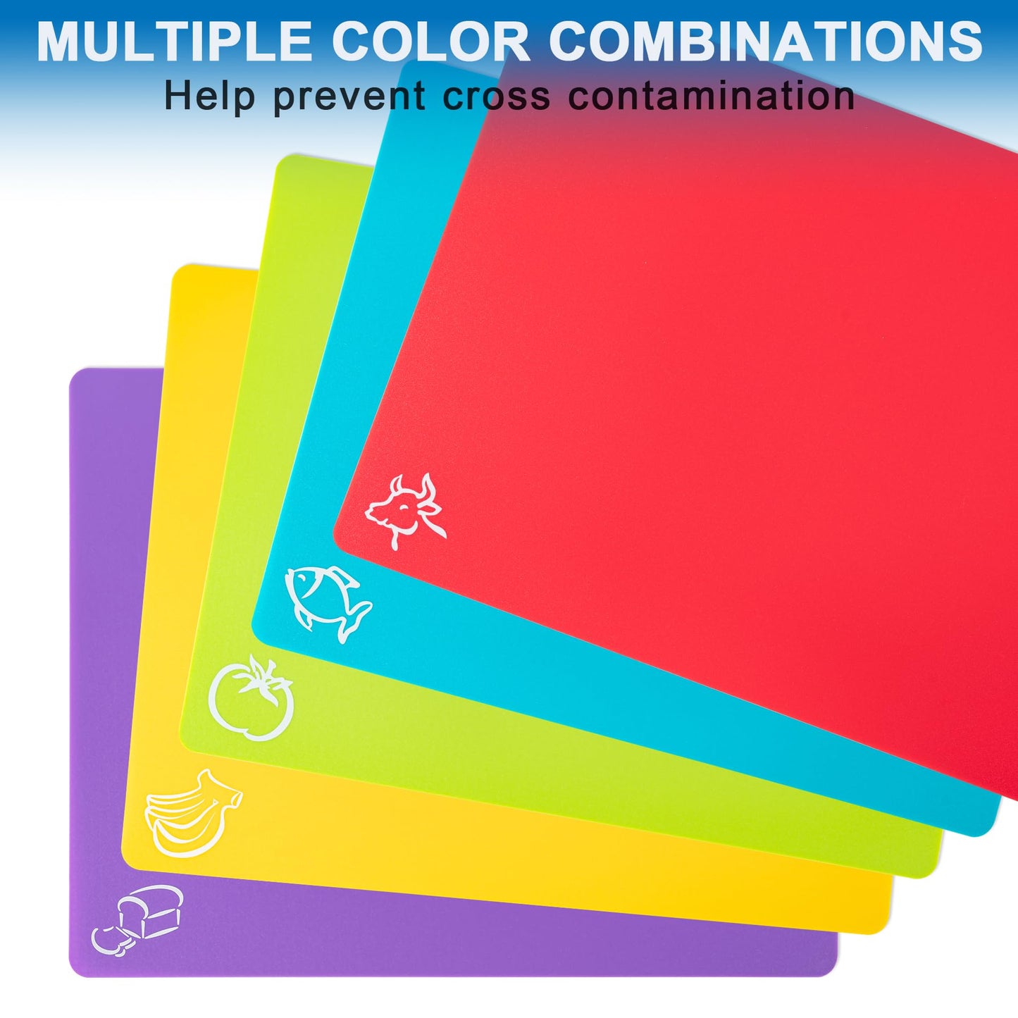 5 Pieces Flexible Plastic Cutting Board Mats with Food Icons, BPA Free Cutting Boards for Kitchen, Non Slip Cutting Mat for Meat and Vegetables (Red, Bright Yellow, Light Green, Purple, Lake Blue)