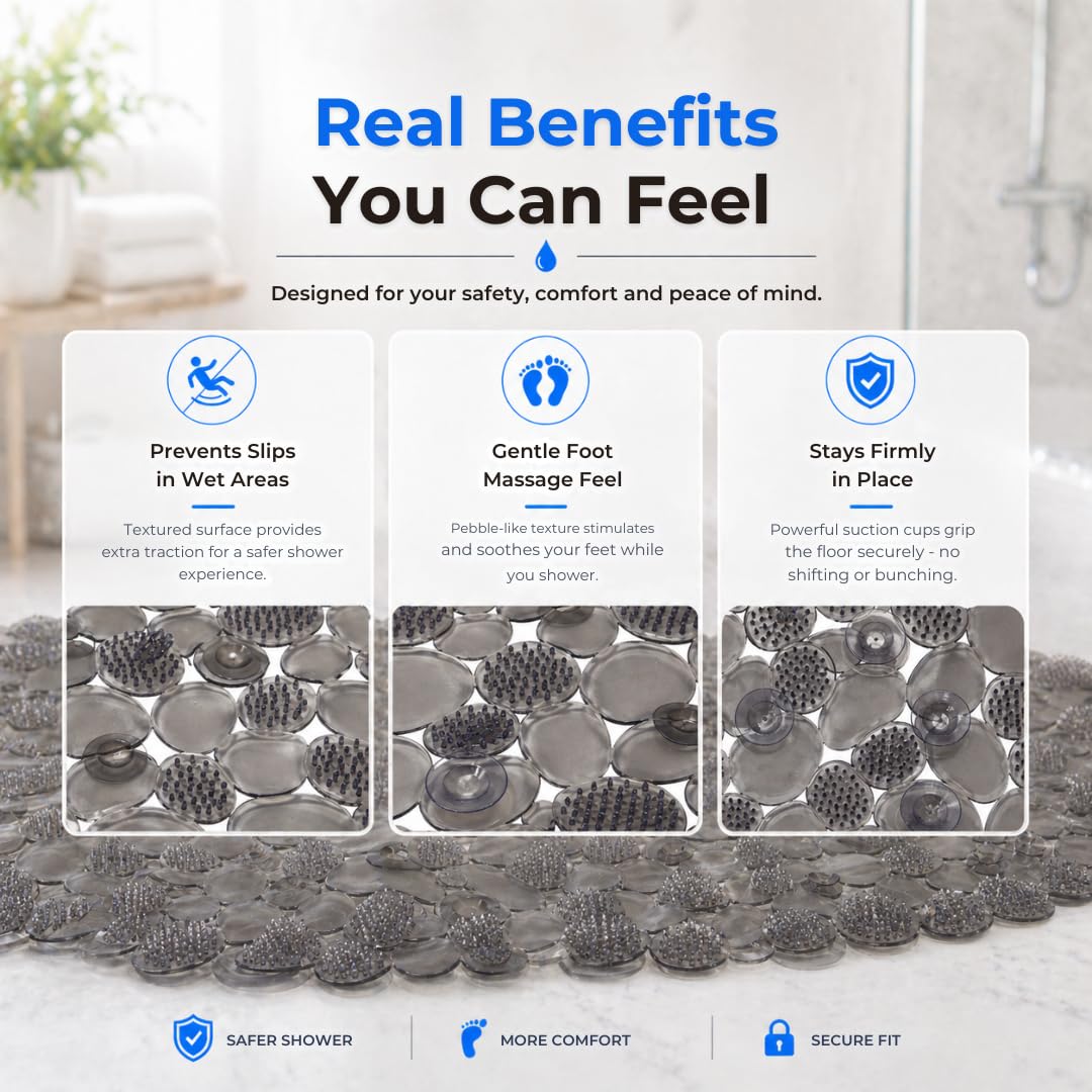 Bath Bliss Non-Slip Pebble Bathtub Mat 18x36 Oval Smoke Color | Suction Cup Shower Mat with Drain Holes | Machine Washable Anti-Slip Tub Mat