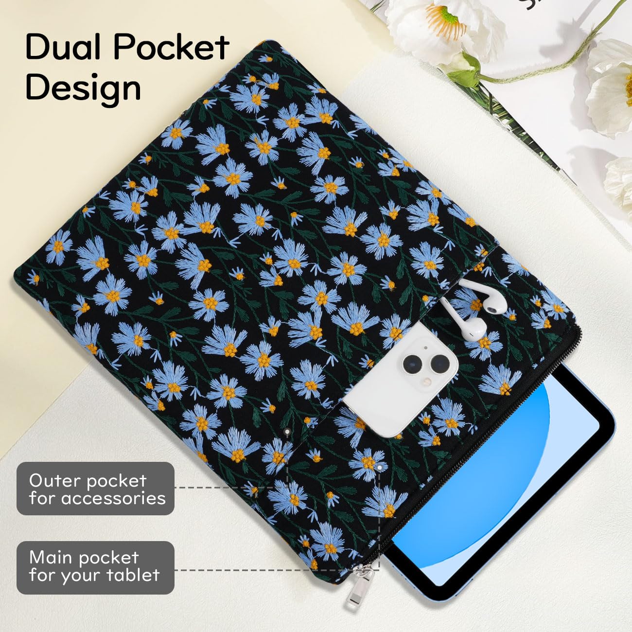 Dadanism 9-11 Inch Embroidered Daisy Padded Carrying Case Protective Tablet Sleeve for iPad A16 11th Gen 11"/10th Gen 10.9", iPad Air 11"/Pro 11"/Air 5th 4th 10.9", Galaxy Tab A11+ Plus 11", Black