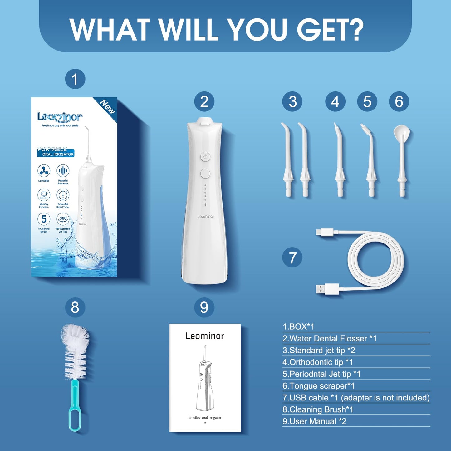 Leominor Water Dental Flosser - 5 Modes Cordless Portable Oral Irrigator, IPX7 Waterproof, Rechargeable Teeth Cleaner Upgrade Datchable Tank Professional Flossing Cleaning Pick for Home Travel (Black)
