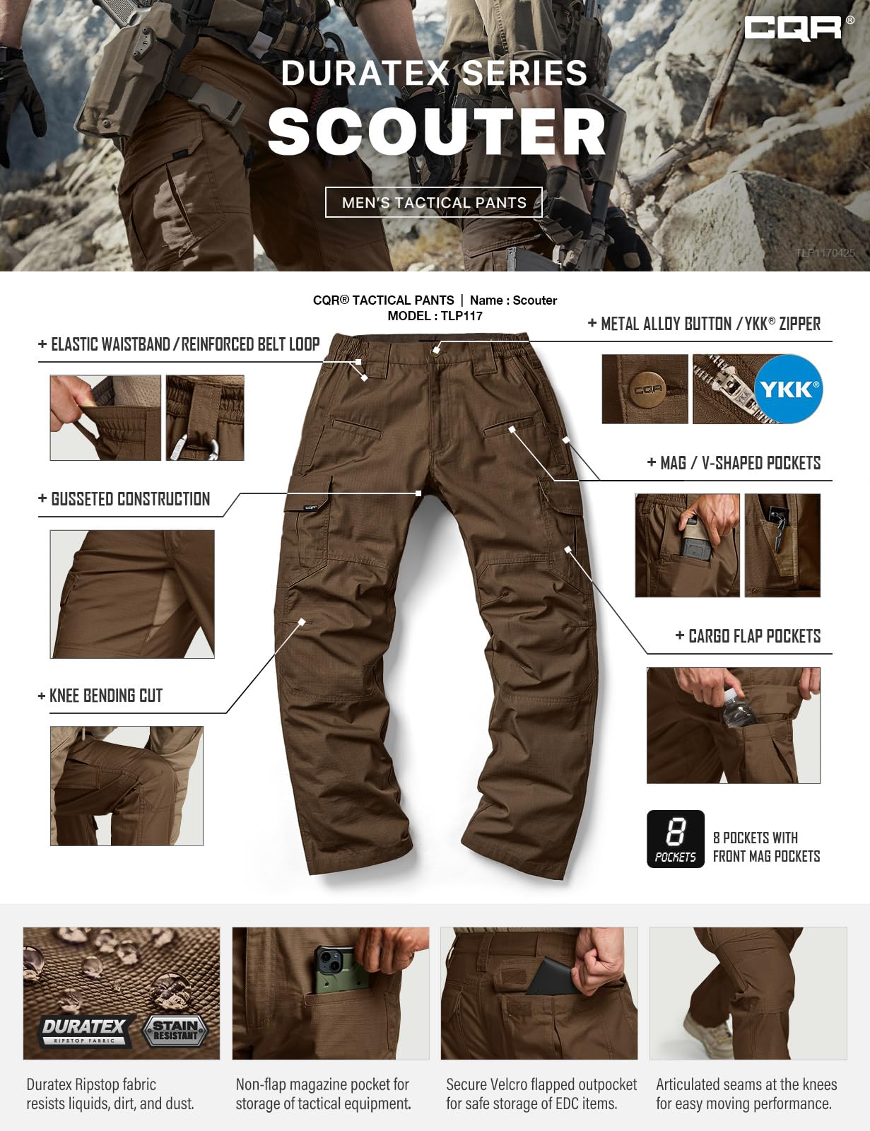 CQR Men's Tactical Pants, Water Resistant Ripstop Cargo Pants, Lightweight EDC Work Hiking Pants, Outdoor Apparel, Raider Tundra, 38W x 32L