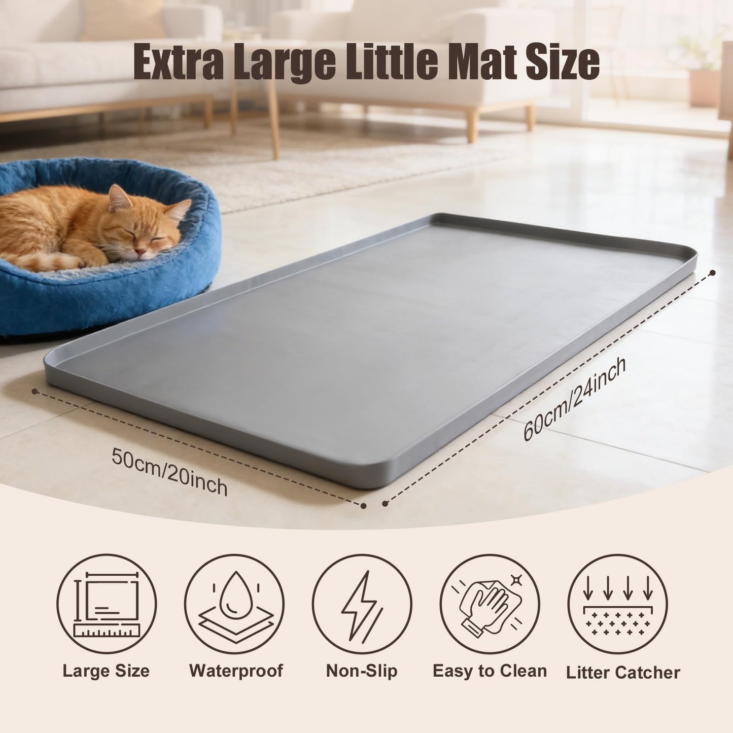 Silicone Cat Litter Mat 24x20 in Waterproof Litter Box Mat Leak-Proof Thick Under Kitty Litter Box Feeding Tray with Raised Edges for Floor Carpet, Grey
