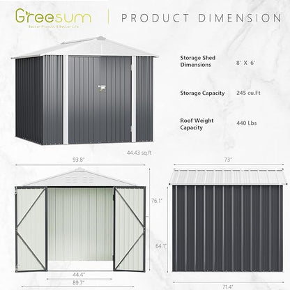 Greesum 8x6FT Outdoor Storage Shed, Utility Tool Shed Metal Storage Garden Shed with Door & Lock for Patio Storage, Gray