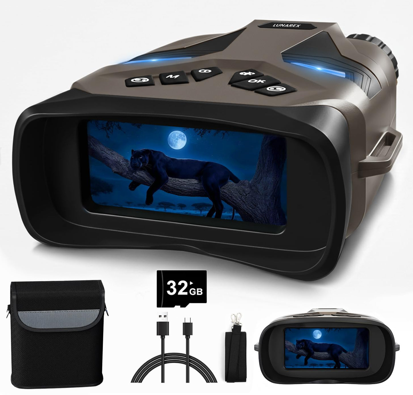 LUNAREX 4K Night Vision Goggles for Adults – Digital Night Vision Binoculars with 8X Zoom, 48MP Camera, 4000mAh Rechargeable Battery, 32GB TF Card, Infrared Night Vision Goggles for Hunting & Outdoor