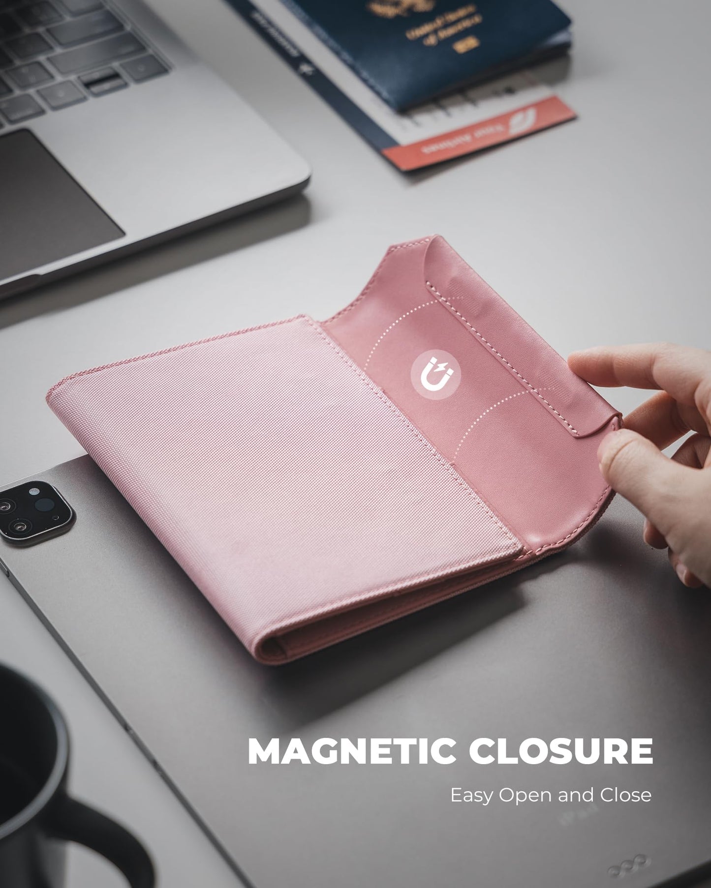 VULKIT RFID Blocking Leather Passport & Card Holder, Dual Person Travel Passport Wallet with Secure Magnetic Closure, Pink