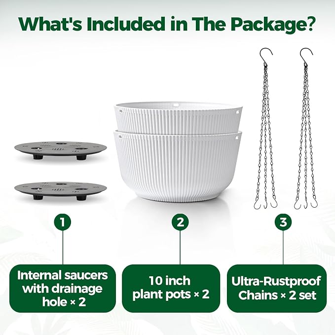 T4U 10 Inch Hanging Planters for Indoor Outdoor Plants, 2 Pack White Self Watering Hanging Plant Pot, Hanging Pots Set with Drainage Hole & Plug & Chain with 3 Hooks for Garden Home Decor