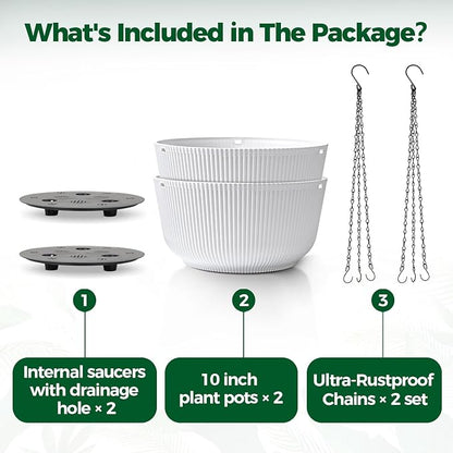 T4U 10 Inch Hanging Planters for Indoor Outdoor Plants, 2 Pack White Self Watering Hanging Plant Pot, Hanging Pots Set with Drainage Hole & Plug & Chain with 3 Hooks for Garden Home Decor