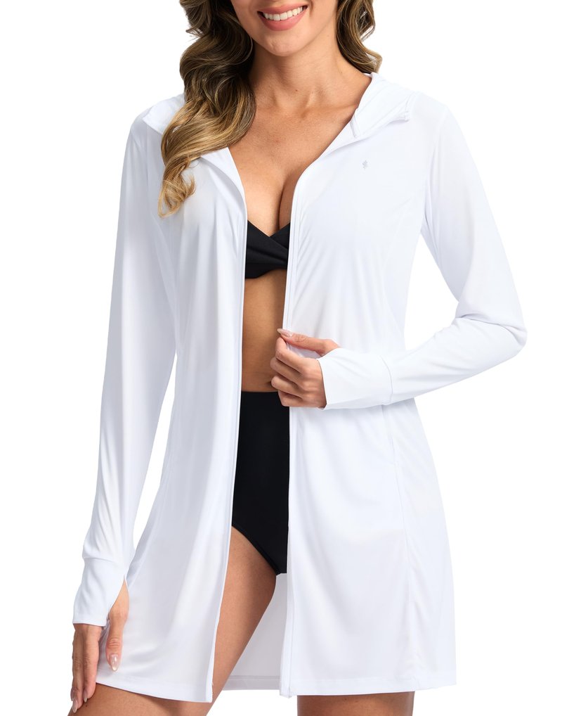 Soothfeel Women's UPF 50+ Swim Cover Up Sun Protection Hoodie SPF Lightweight Jacket Long Sleeve Beach Cover Ups for Women (White,L)