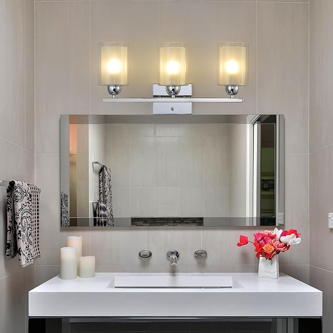 Stainless Steel Bathroom Vanity Light Over Mirror, 3 Light Polished Chrome Bathroom Light Fixtures with Milk Glass and Clear Glass Shades, Modern Vanity Lighting Wall Mount