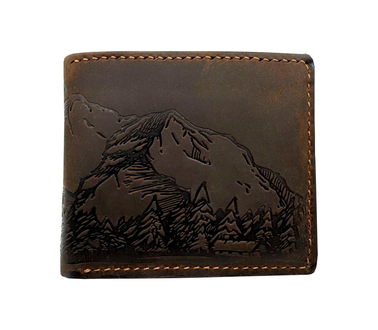 Mayan Corner - Mountain landscape handcrafted leather wallet, distress waxed leather gift, ID card slot bifold style