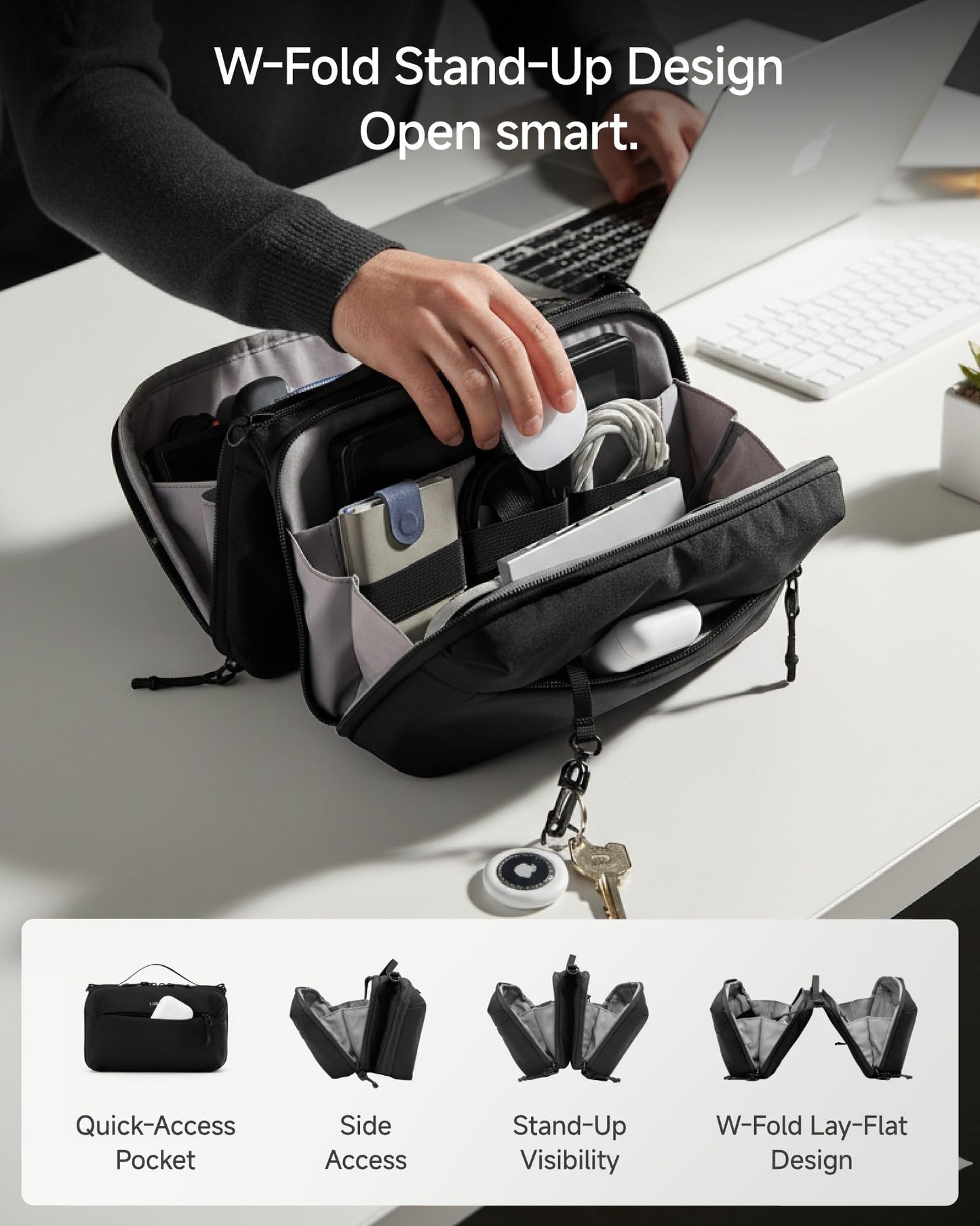 LUGGEX Large Tech Pouch, Cable Organizer Bag with Removable Crossbody Strap, Dual Accessories Bag & Water Resistant for Kindle, Chargers, Cord, Earphone for Travel Office All-in-One, Black