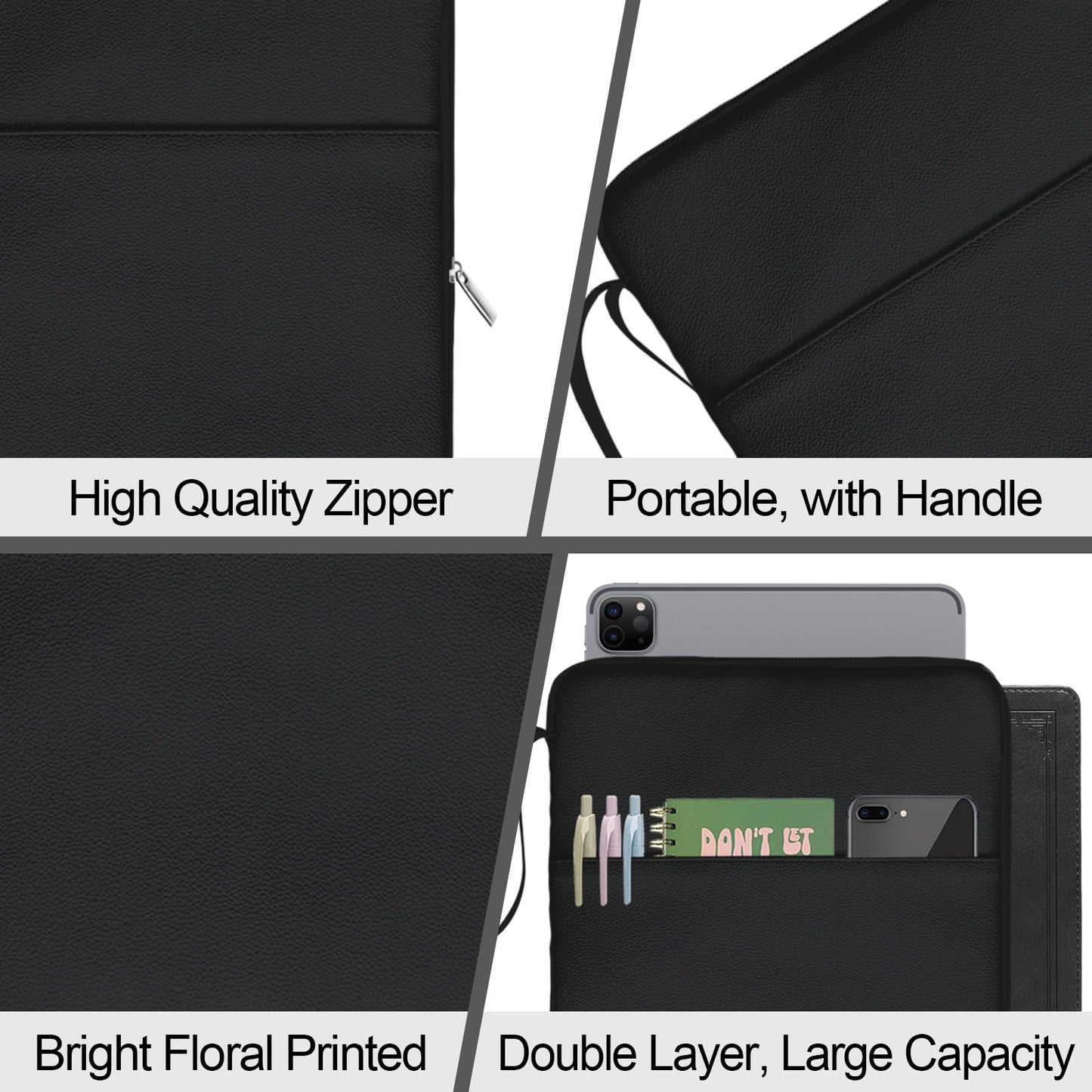 QRZIQRZ Black Book Sleeve Kindle Pouch, Book Protector Case with Zipper, PU Leather Waterproof Book Cover Bag, Portable Book Pouch for Book Lovers Gifts Paperbacks Bibles Hardcover