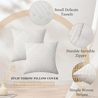 Mecatny Boho Outdoor Throw Pillow Covers 20X20 Set of 2, Farmhouse Decorative Pillow Covers for Couch Sofa Living Room, Beige & Cream White