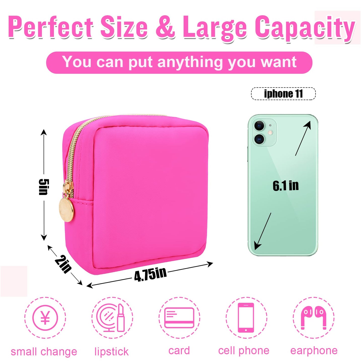 Nylon Mini Makeup Bag for Purse, Preppy Small Cute Makeup Bag Cosmetic Zipper Pouch Purse, Waterproof Travel Coin Pouch Sanitary Napkin Storage Bag Clutch Make Up Organizer for Women Girls(Hot Pink)