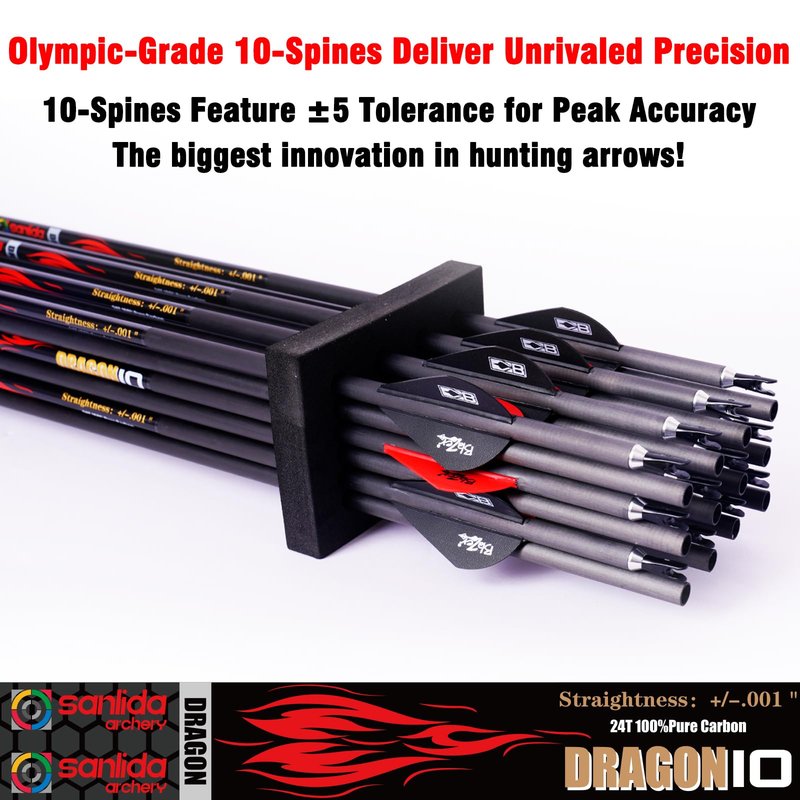 sanlida Dragon 8 100% Pure Carbon Hunting Arrows, 32" Ready-to-Shoot Arrows with Inserts, ±0.006" Straightness, 10-Spine Options, for Compound & Recurve Bows, 12 Pack (410 Spine)