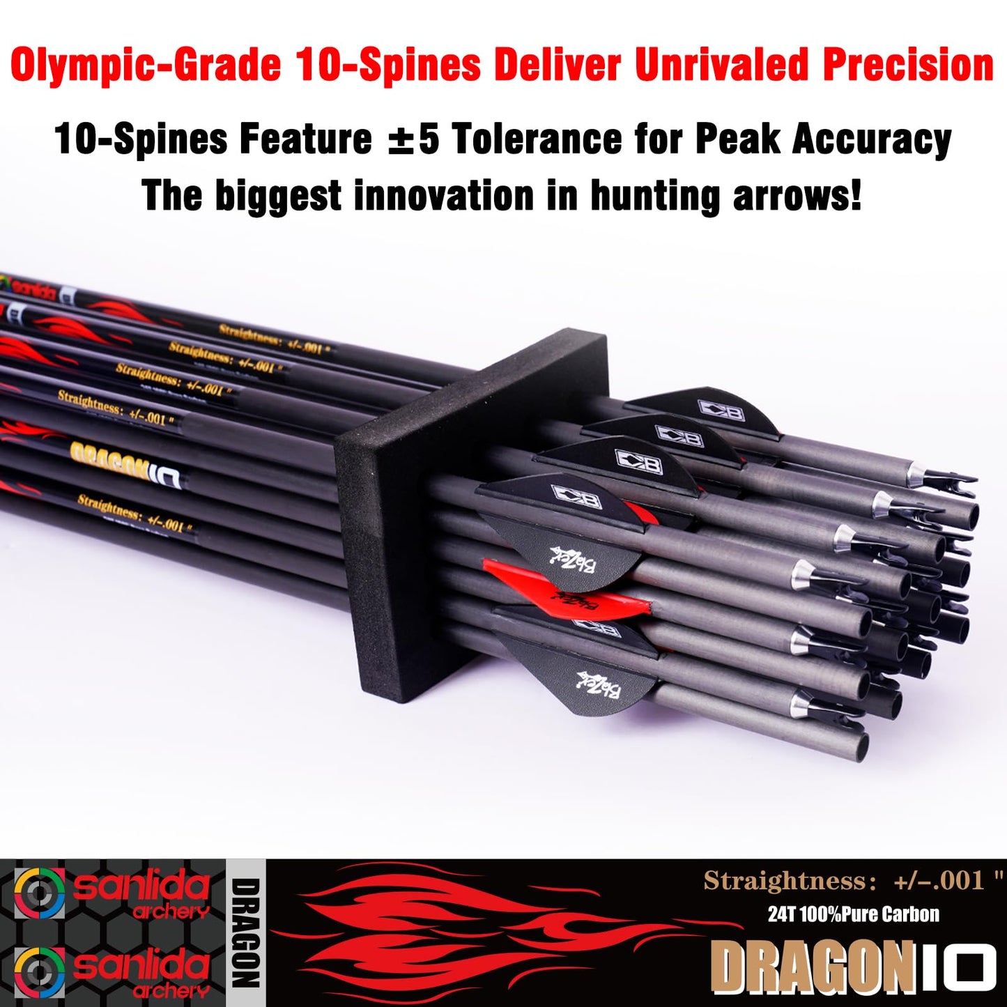 sanlida Dragon 9 12 Pack 100% Pure Carbon Hunting Arrows, 32" Arrows for Compound Bow, Olympic-Grade 10-Spine Precision, ±0.003" Straightness, 0.244" ID, 3" Vanes (470 Spine)