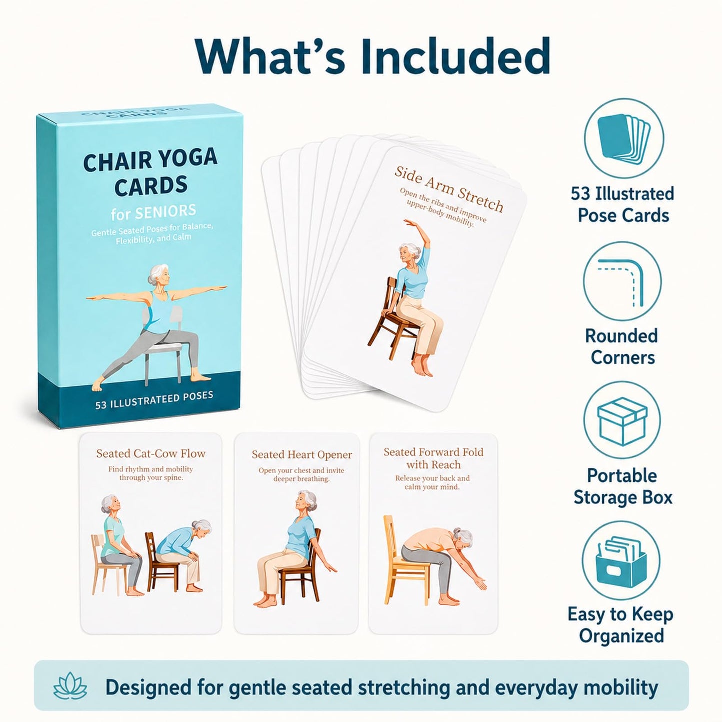 HuanRanYo Oversized Chair Yoga Cards for Seniors, 53 Seated Yoga & Stretch Poses, Large-Print Step-by-Step Exercise Deck with Storage Box, Low-Impact Mobility & Flexibility Workouts for Older Adults