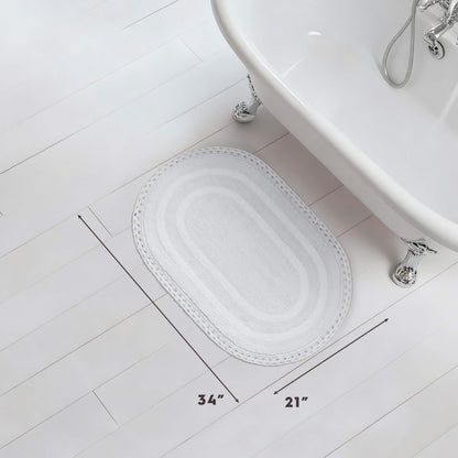 Laura Ashley Camilla 100% Cotton Oval Bath Mat with Crochet Border, Soft & Absorbent, Bright White 21" x 34" Bathroom Rug